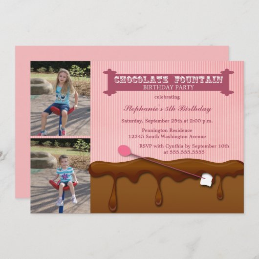 チョコレート噴水の女の子の誕生会の招待 招待状 (正面/裏面)