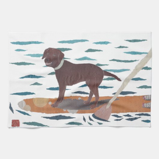 チョコレート実験室、ラブラドル・レトリーバー犬、ビーチ犬 キッチンタオル (横)