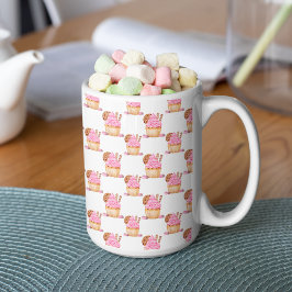 チョコレート柄のウォーターカラーピンクカップケーキ コーヒーマグカップ
