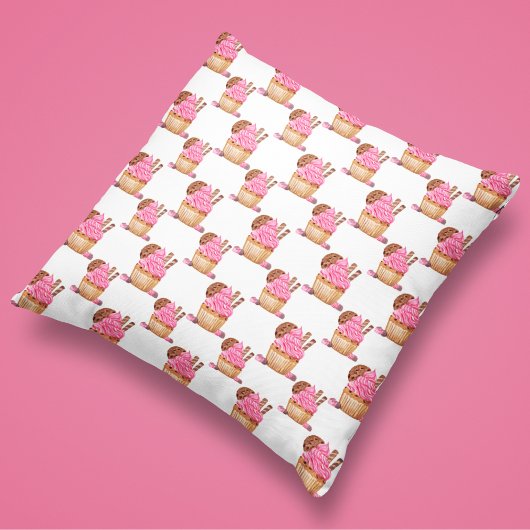 チョコレート柄の水色ピンクカップケーキ クッション