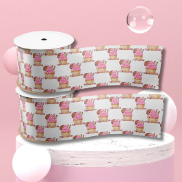 チョコレート柄の水色ピンクカップケーキ サテンリボン