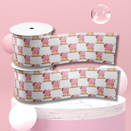 チョコレート柄の水色ピンクカップケーキ サテンリボン