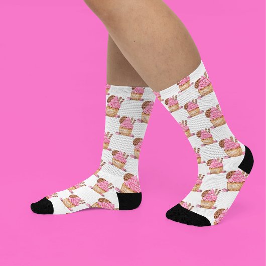 チョコレート柄の水色ピンクカップケーキ ソックス