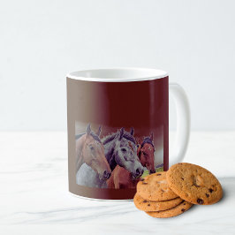 チョコレート色のマグカップに馬の頭3つ コーヒーマグカップ