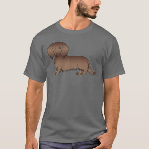 チョコレート色のロングヘアダックスフンド かわいいキャラクターデザインの犬 Tシャツ