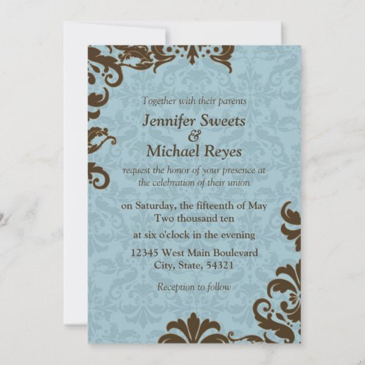 チョコレート色及び青いダマスク織 招待状 (裏面)