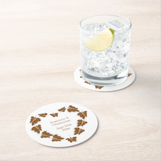 チョコレート色蝶デザイン結婚ズ ラウンドペーパーコースター (インサイチュ)