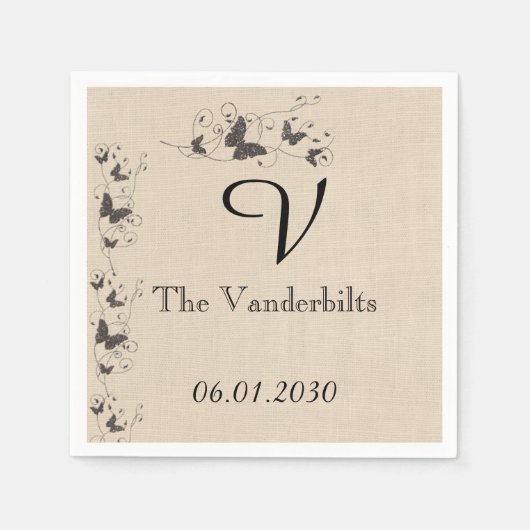 チョコレート蝶オンベージュ色リネン結婚ズ スタンダードカクテルナプキン (正面)