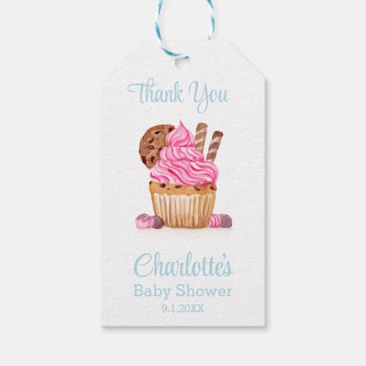 チョコレート赤ちゃんシャワー付きピンクカップケーキありがとう ギフトタグ (裏面)