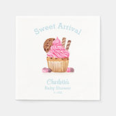 チョコレート赤ちゃんシャワー付き水色ピンクカップケーキ スタンダードカクテルナプキン (正面)
