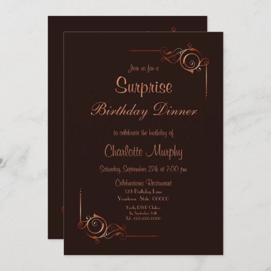 チョコレート金ゴールドフローラサプライズ誕生日ディナー 招待状 (正面/裏面)