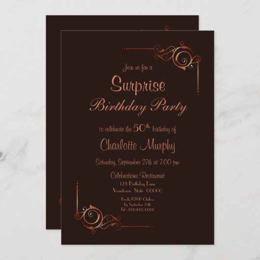 チョコレート金ゴールドフローラサプライズ50thバースデーパーティー 招待状 (正面/裏面)