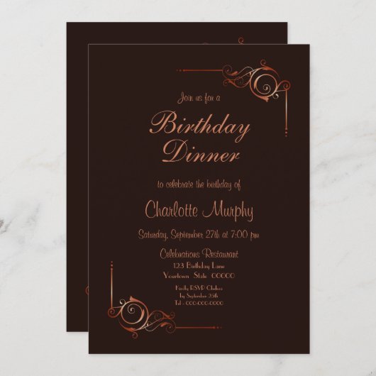 チョコレート金ゴールドフローラリーフ誕生日ディナー招待状 招待状 (正面/裏面)