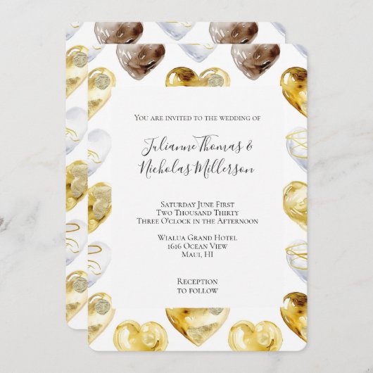 チョコレート金ゴールドホワイトハート結婚ズ 招待状 (正面/裏面)