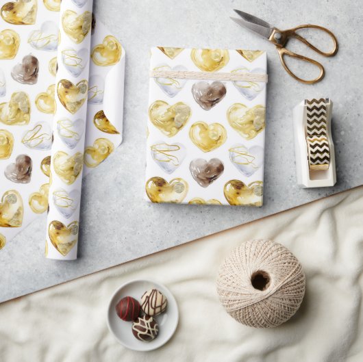 チョコレート金ゴールドホワイトハート誕生日 ラッピングペーパー (クラフト)