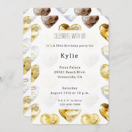 チョコレート金ゴールドホワイトハート誕生日 招待状 (正面/裏面)
