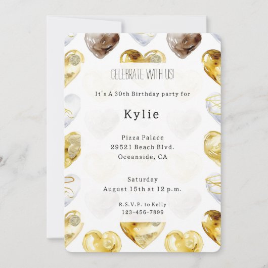 チョコレート金ゴールドホワイトハート誕生日 招待状 (正面)