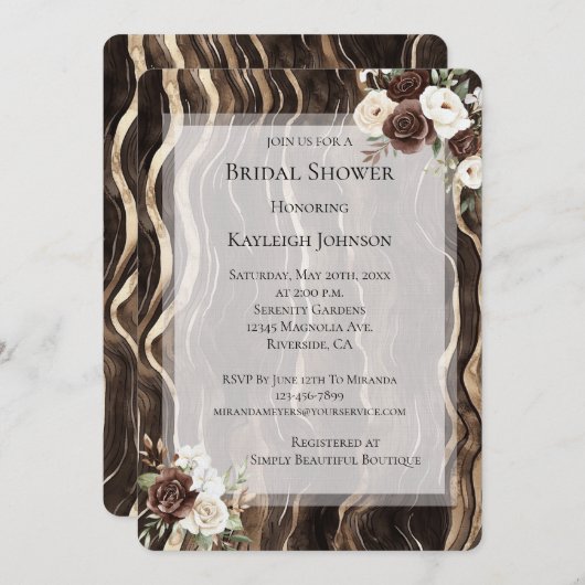 チョコレート金ゴールド渦巻きフローラブライダルシャワー 招待状 (正面/裏面)