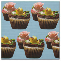 チョコレート カップケーキ 鳥とバラ ポリ ウェーブ ファブリック