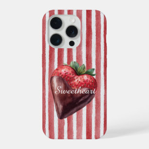 チョコレート ストロベリー 赤と白のストライプ スウィートハート iPhone 15 PROケース