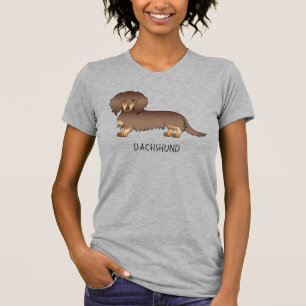 チョコレート＆タン ロングヘアダックスフンド犬＋テキスト Tシャツ