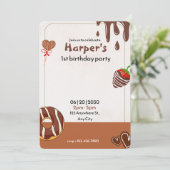 チョコレート、ドーナツ、イチゴ1歳の誕生日 招待状 (スタンド正面)