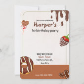 チョコレート、ドーナツ、イチゴ1歳の誕生日 招待状 (正面)