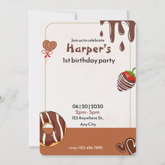 チョコレート、ドーナツ、イチゴ1歳の誕生日 招待状 (正面)