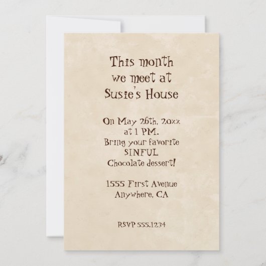 チョコレートBuncoのパーティーの文庫の招待状による死 招待状 (裏面)