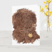 チョコレートLabradoodle Xenaの挨拶状 カード (黄色い花)