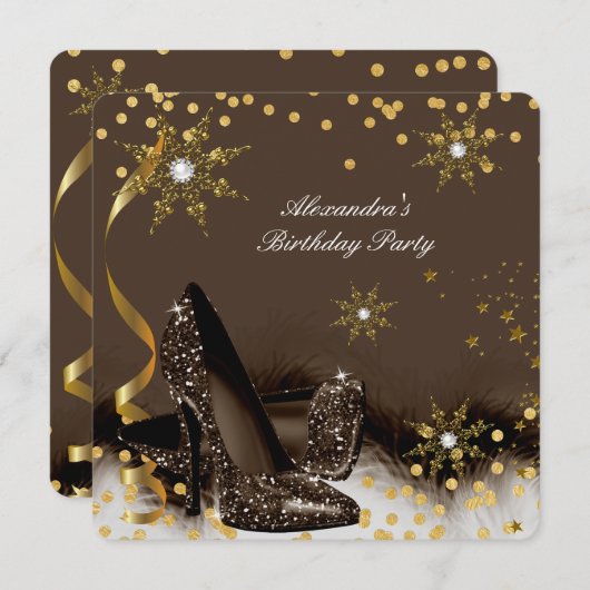 チョック金ゴールドブラウンブラックハイヒールバースデーパーティー 招待状 (正面/裏面)