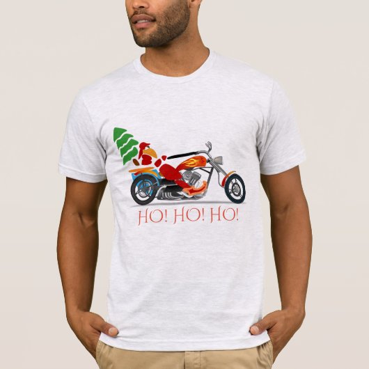 チョッパーのバイクもしくは自転車に乗る人サンタは"HO言います! HO! HO! " Tシャツ (正面)