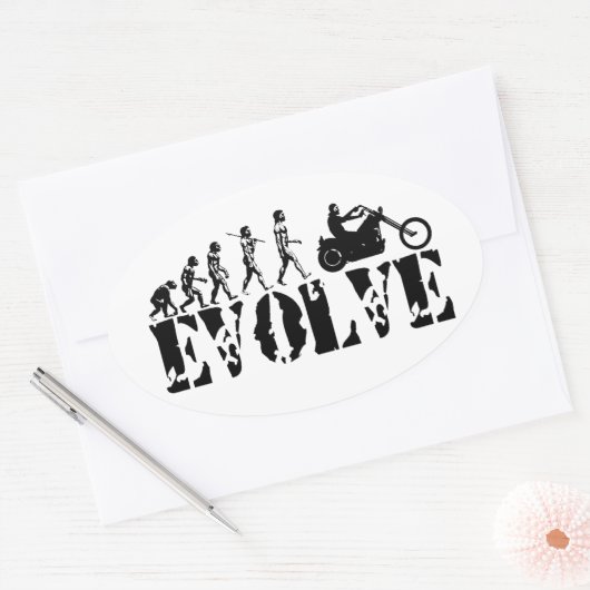 チョッパーバイクもしくは自転車に乗る人オートバイライダーエボリューションアート 楕円形シール (封筒)