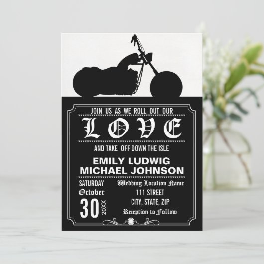 チョッパーバイクバイクもしくは自転車に乗る人カスタムウェディング招待状 招待状 (スタンド正面)