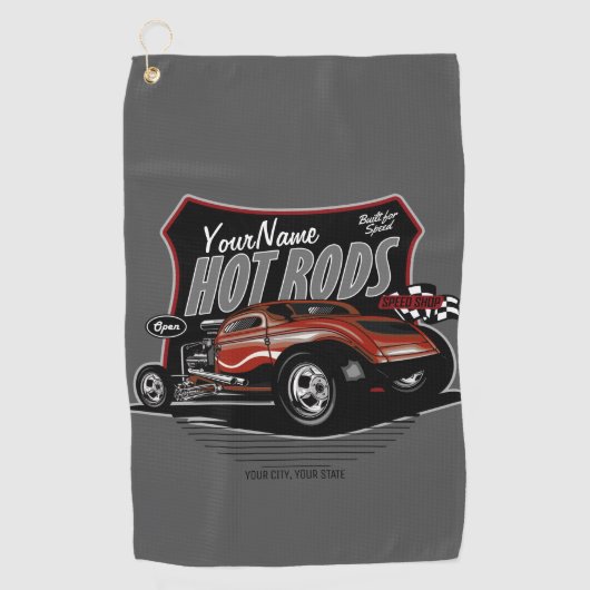 チョップパーソナライズされたレッド改造・クーペ・スピードショップ ゴルフタオル (正面)