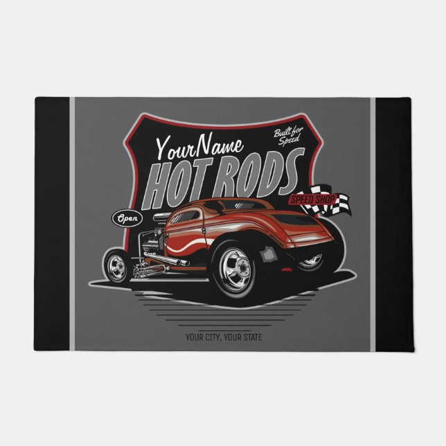 チョップパーソナライズされたレッド改造・クーペ・スピードショップ ドアマット (正面)