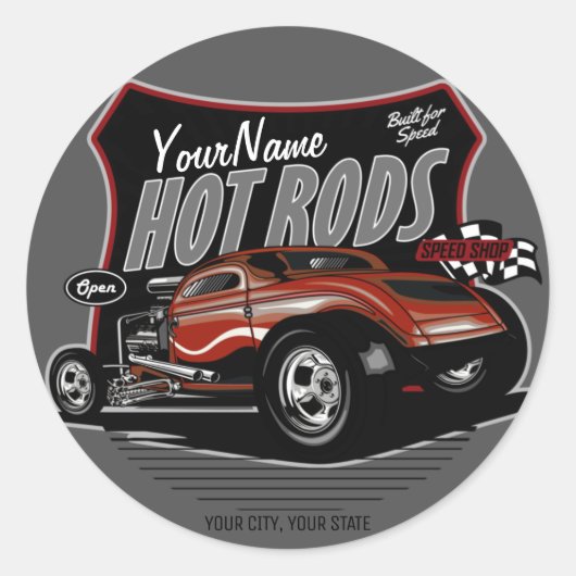 チョップパーソナライズされたレッド改造・クーペ・スピードショップ ラウンドシール (正面)