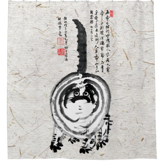 チョンキーストライプの日本のタビー猫 シャワーカーテン (正面)