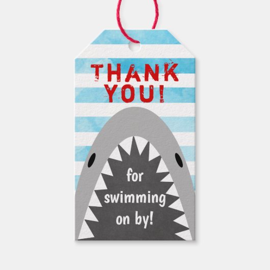 チョンプチョンプシャークテーマ誕生日ボーイジョーズストライプの ギフトタグ (正面)