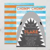 チョンプチョンプシャークテーマ誕生日ボーイストライプのジョーズ 招待状 (正面/裏面)