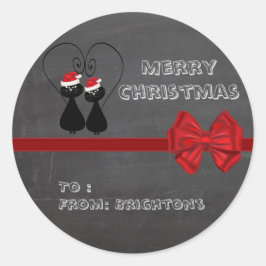 チョークおもしろいボお洒落ードサンタ猫カップルの贈り物 ラウンドシール