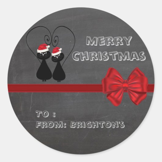 チョークおもしろいボお洒落ードサンタ猫カップルの贈り物 ラウンドシール (正面)