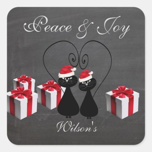 チョークおもしろいボードのサンタパーソナライズされた猫カップル スクエアシール (正面)