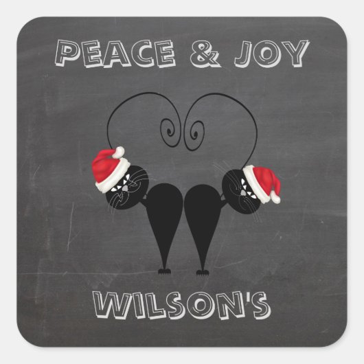 チョークおもしろいボードのサンタパーソナライズされた猫カップル スクエアシール (正面)