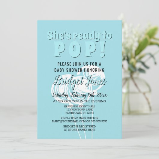 チョークの気球の空色の男の子のシャワーをぽんと鳴らすために用意して下さい 招待状 (スタンド正面)