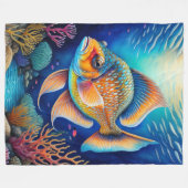 チョークカラフルスケッチ魚 フリースブランケット (正面(横))