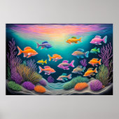 チョークカラフルスケッチ魚 ポスター (正面)