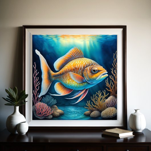 チョークカラフルスケッチ魚 ポスター