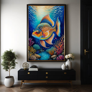 チョークカラフルスケッチ魚 ポスター
