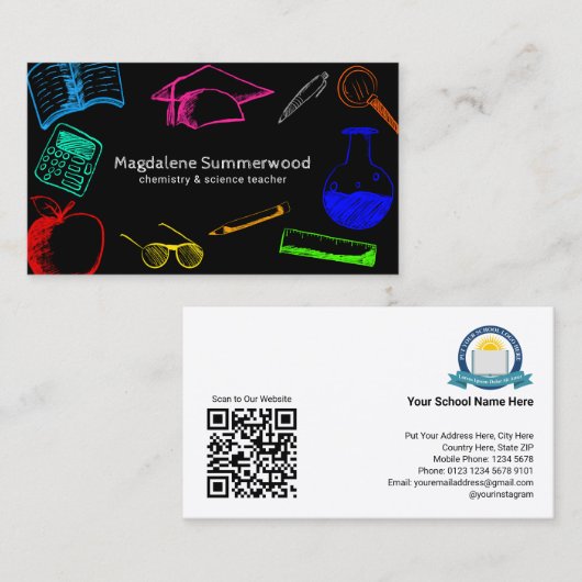 チョークカラフルスタイルスクール先生オンブラック 名刺 (正面/裏面)